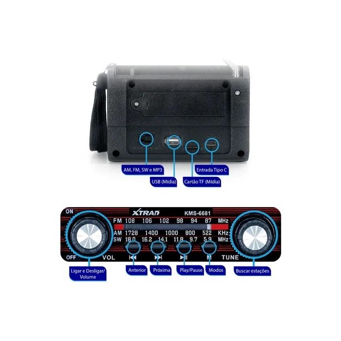 Caixa de Som Bluetooth Retrô KMS-6681 5W RMS Rádio FM AM SW USB TF